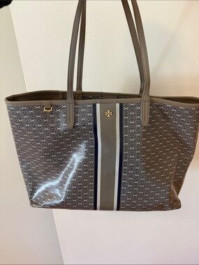 Tory Burch Gray and Navy Stripe Logo Tote